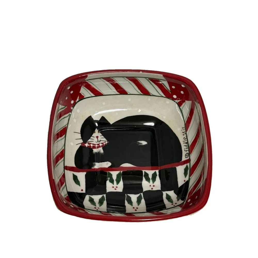 Sakura‎ By Oneida Candy Cane Cat Square Serving Bowl Tuxedo Cat Fiddlesticks 6